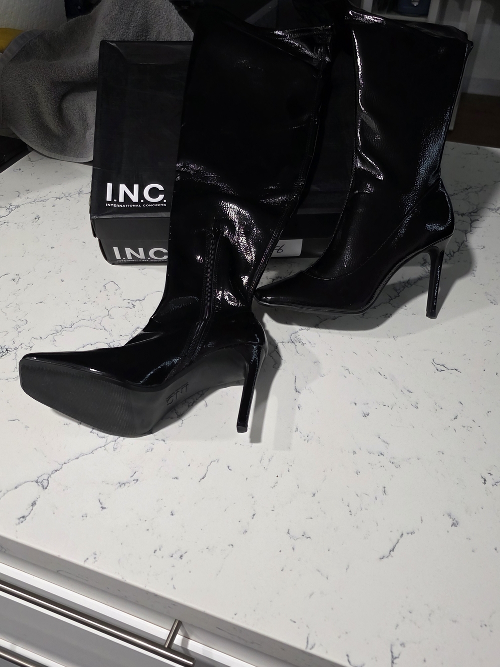 INC International Concepts Black Patent Platform Stiletto Mid-Calf Boots
